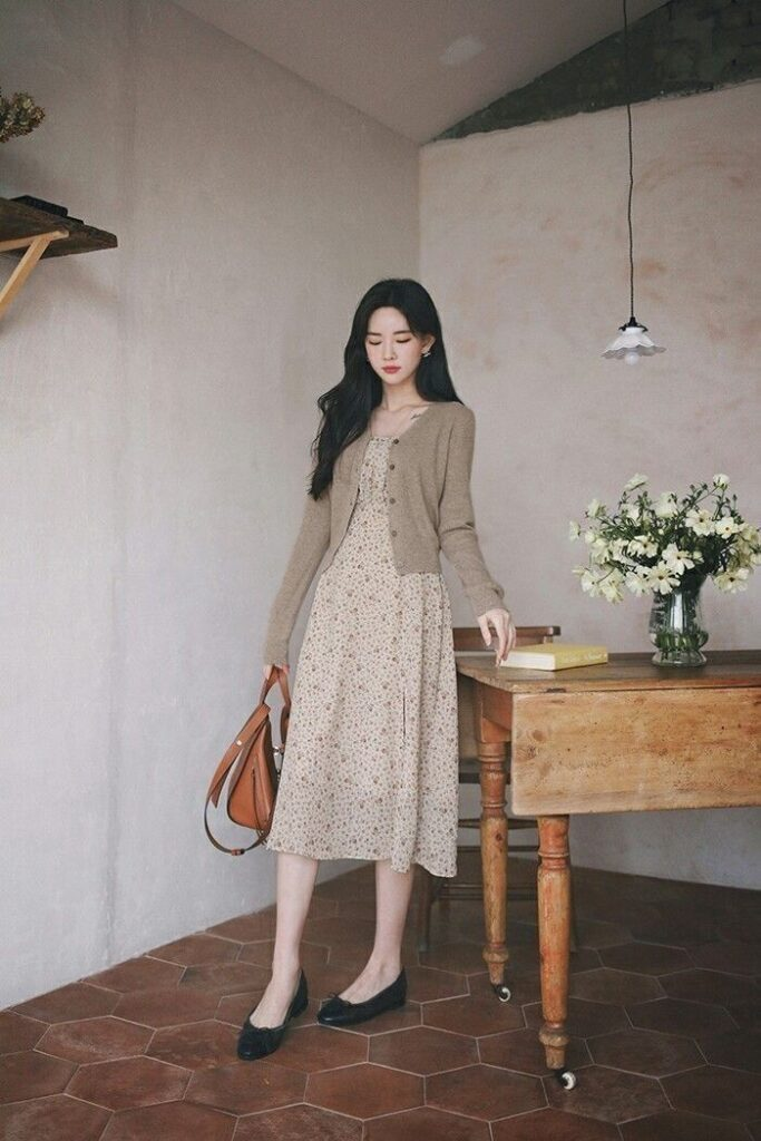 Neutral Cardigan Over Floral Midi Dress