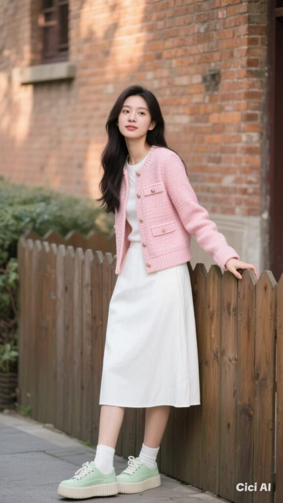 Pastel Pink Cardigan with Cream Midi Dress