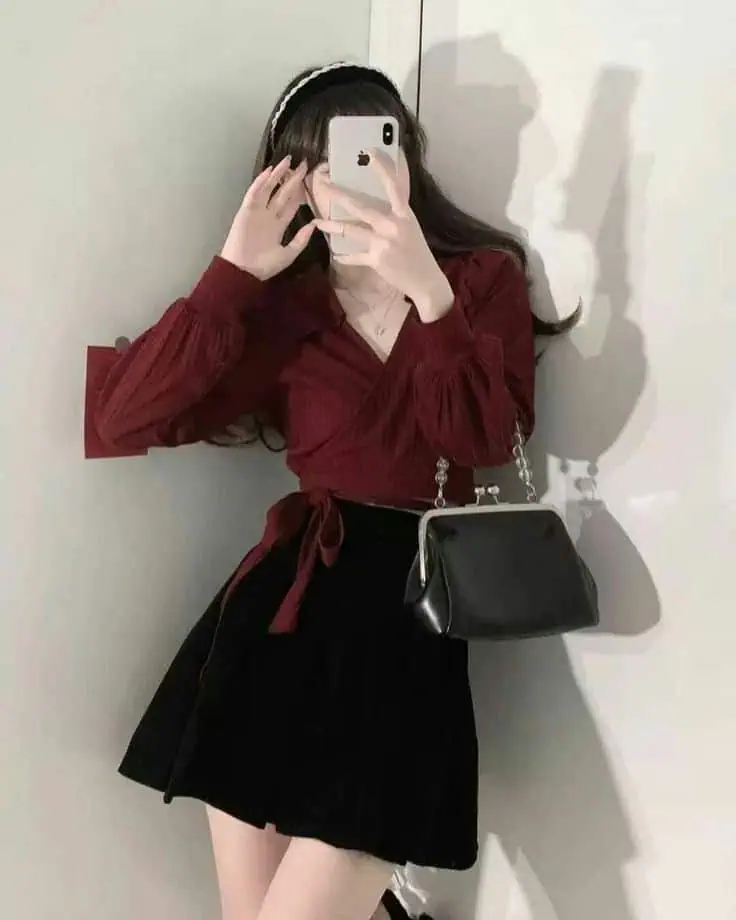 Burgundy Wrap Top With Black Skirt