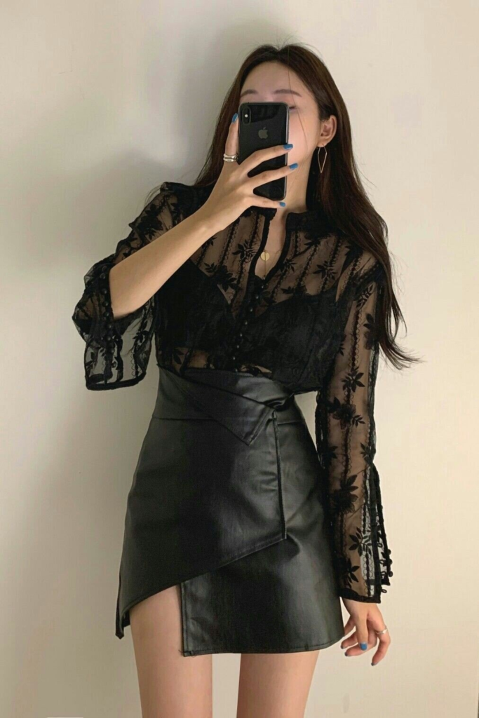 Leather Skirt with Sheer Lace Blouse