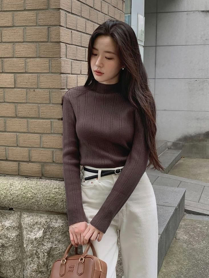 Chocolate Turtleneck with Cream Trousers