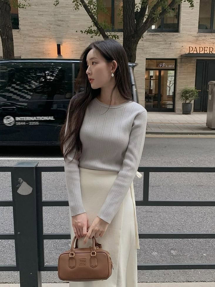 Cream Ribbed Sweater and Midi Skirt