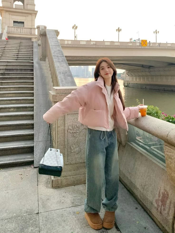 Pink Puffer Jacket with Wide-Leg Jeans