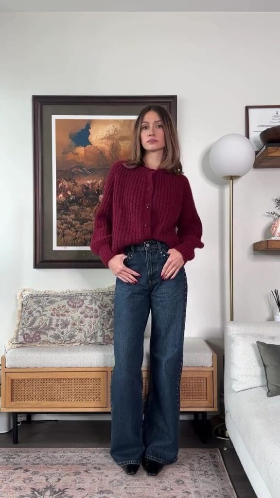 Burgundy Cable Knit and Wide-Leg Jeans