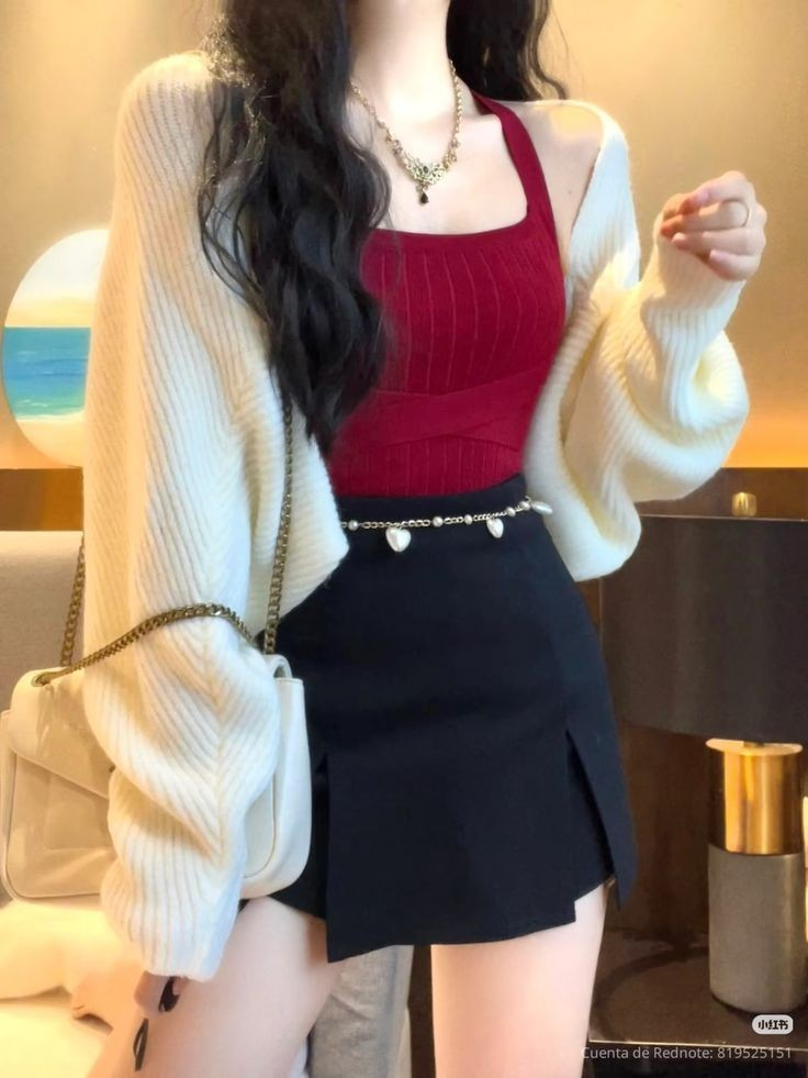 Burgundy Top with Black Mini Skirt