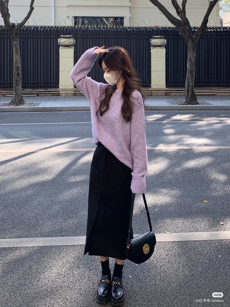 Soft Lavender Sweater with Black Midi Skirt
