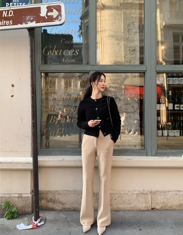 Black Cardigan with Cream Trousers