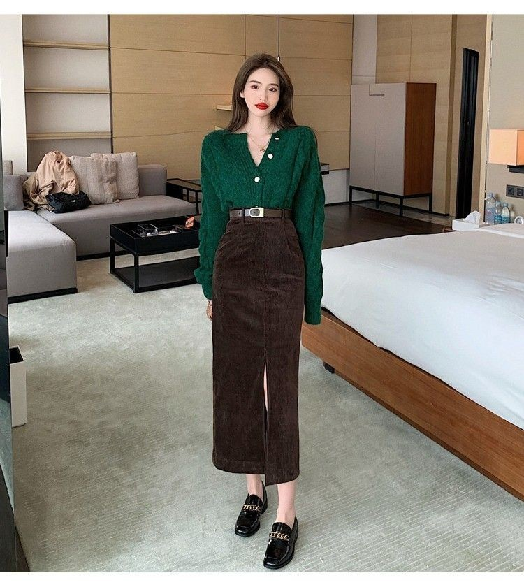 Emerald Cardigan and Chocolate Corduroy