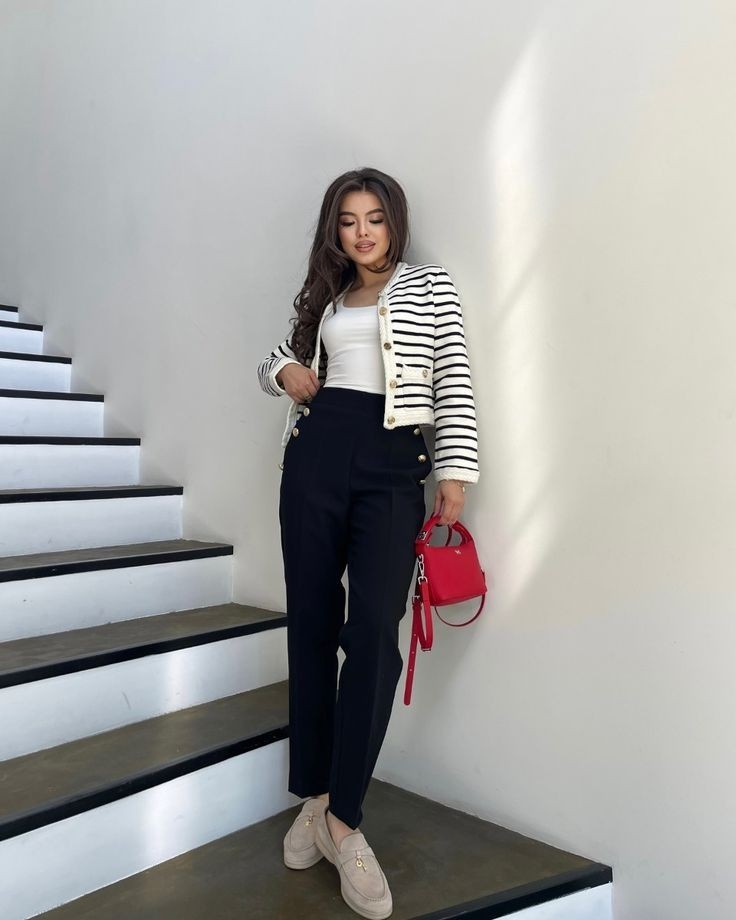 Striped Blazer with Tailored Black Pants