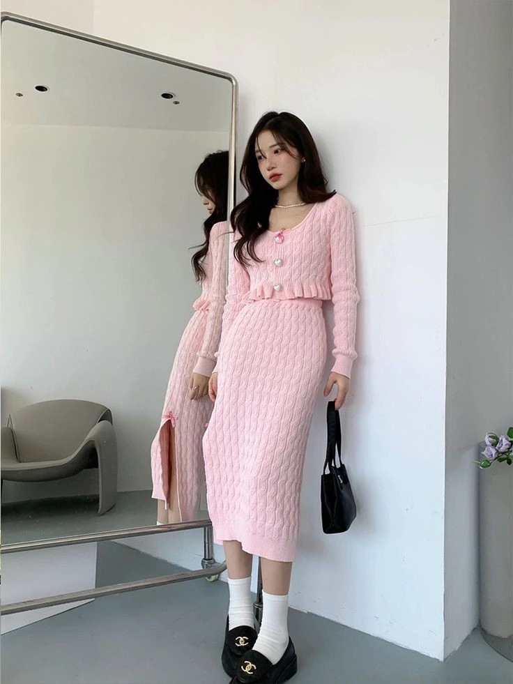 Soft Pink Knit Dress with Pearls
