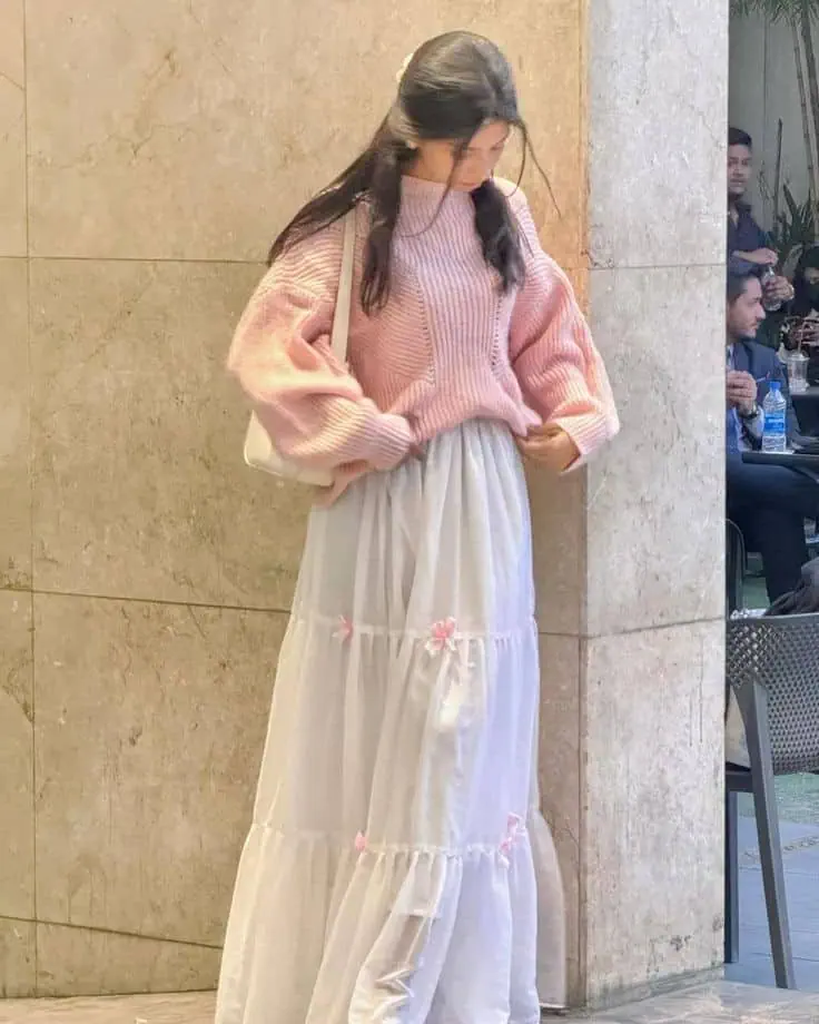 Pink Sweater with Flowing Maxi Skirt