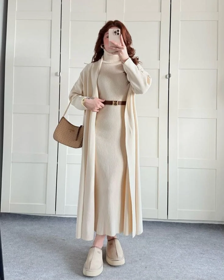 Cream Cardigan With Turtleneck Elegance