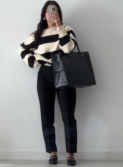 Striped Sweater with Tailored Black Pants