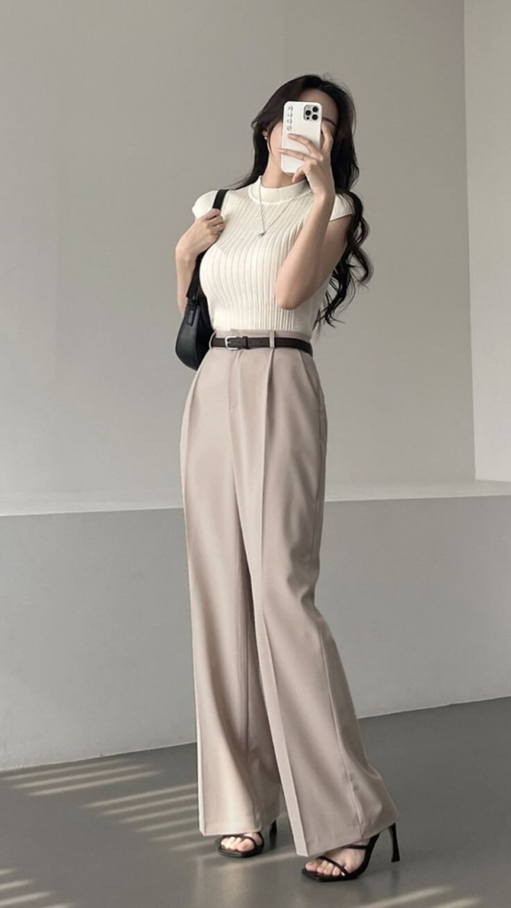 Cream Ribbed Top with Tailored Trousers