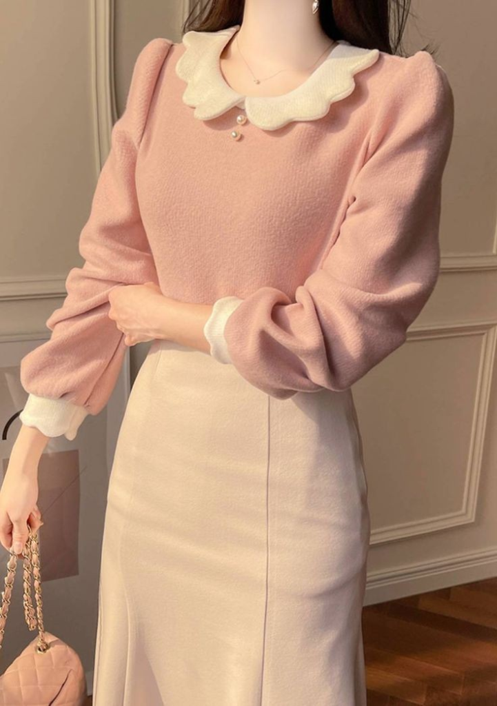 Soft Pink with Cream Collar Details