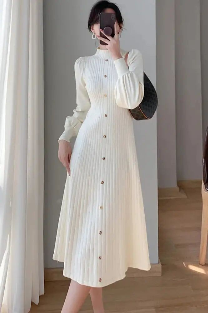Elegant Cream Pleated Button-Down Dress