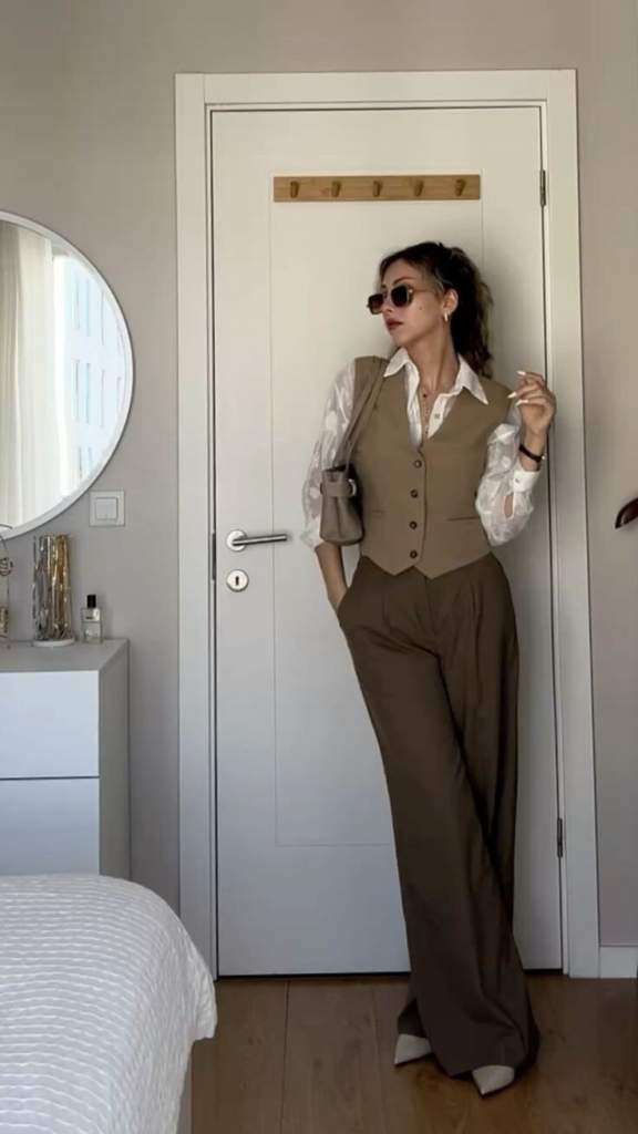 Neutral Vest and Wide-Leg Trousers Combo