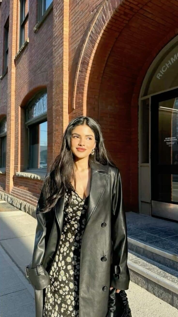 Oversized Leather Blazer with Floral Dress