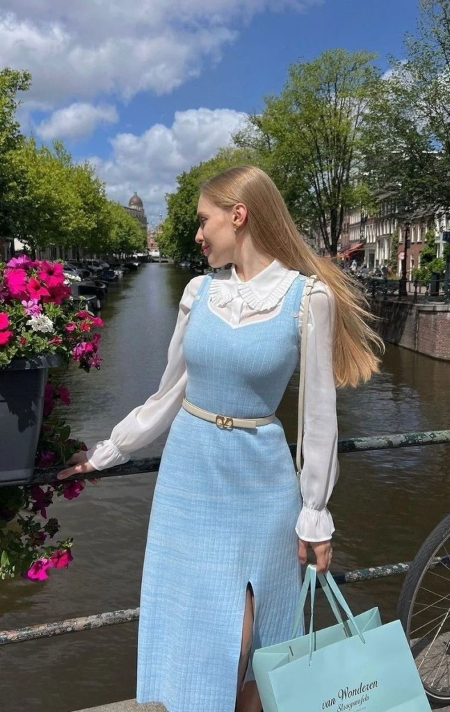 Light Blue Dress with White Ruffle Blouse