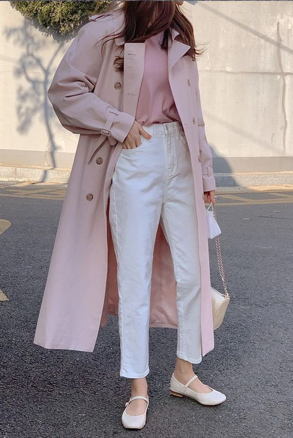 Soft Pink Trench with White Denim