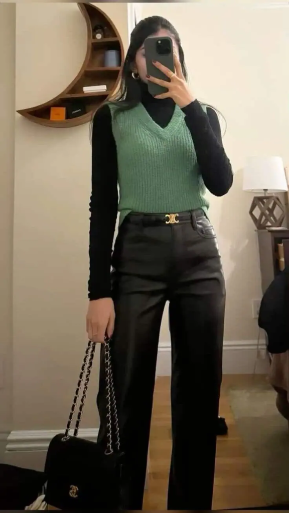 Sage Vest with Black Layered Elegance