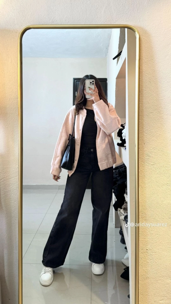 Blush Blazer with Black Wide-Leg Jeans