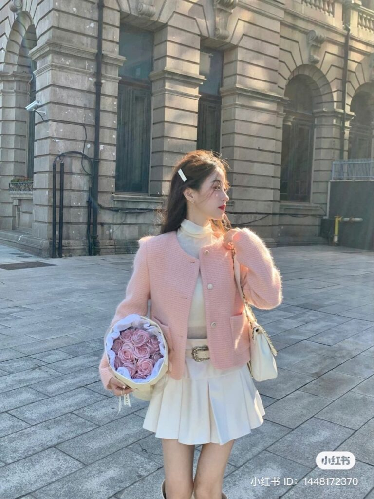 Pastel Pink Cardigan with Cream Pleated Skirt