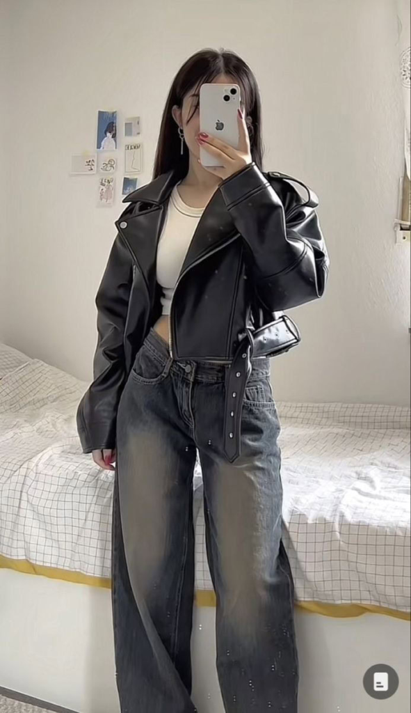 Black Leather Jacket With Wide-Leg Jeans