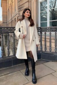 Cream Wool Coat with Black Boots