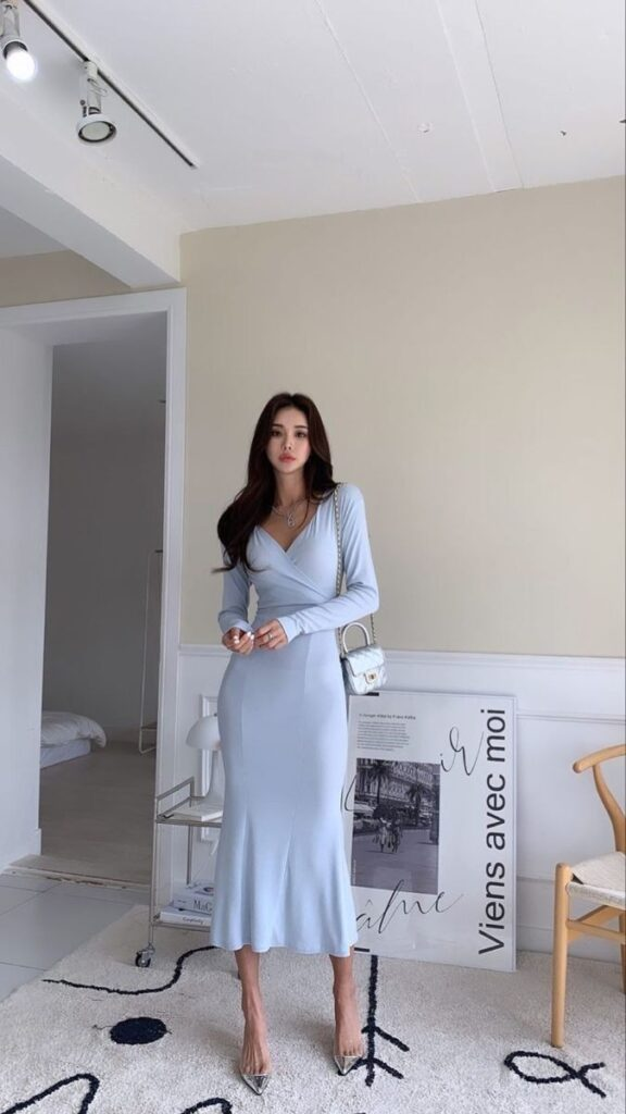 Soft Blue Wrap Dress with Crossbody Bag