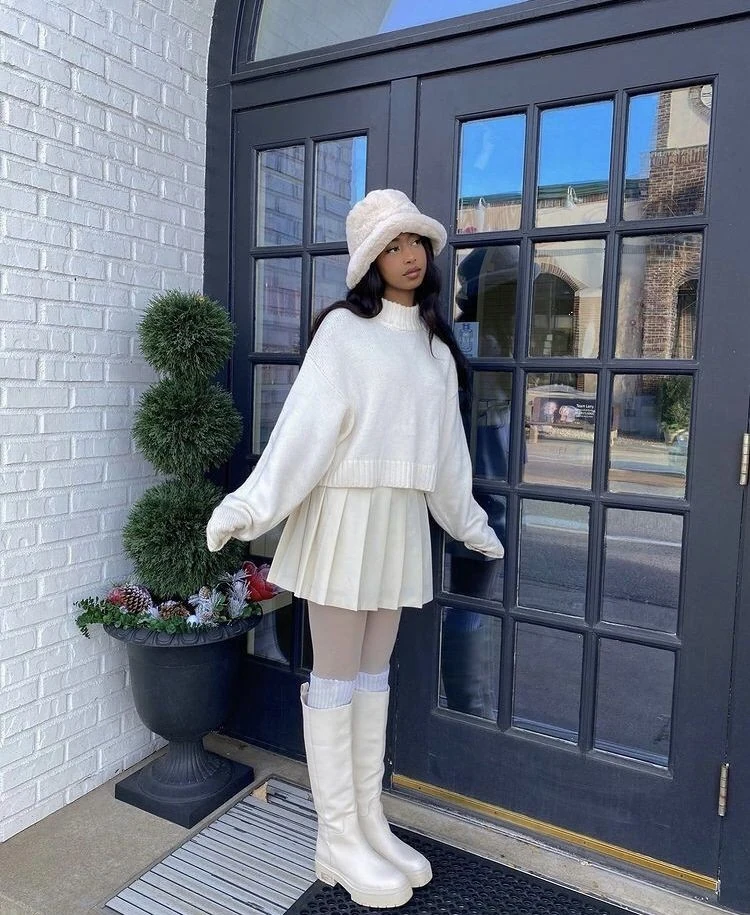 All-White Knit and Pleated Skirt