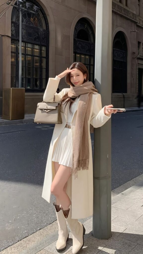 Cream Coat with Pleated Dress Elegance