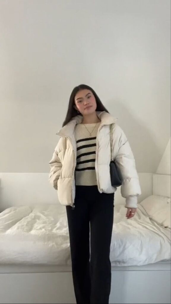 Cream Puffer Jacket with Striped Layering
