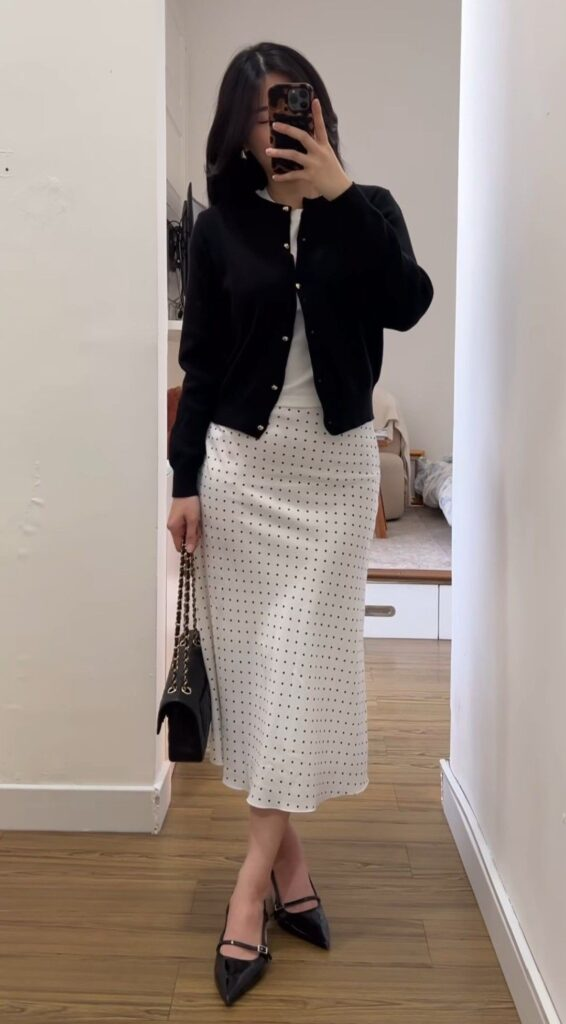 Classic Black Cardigan with Polka Dot Midi