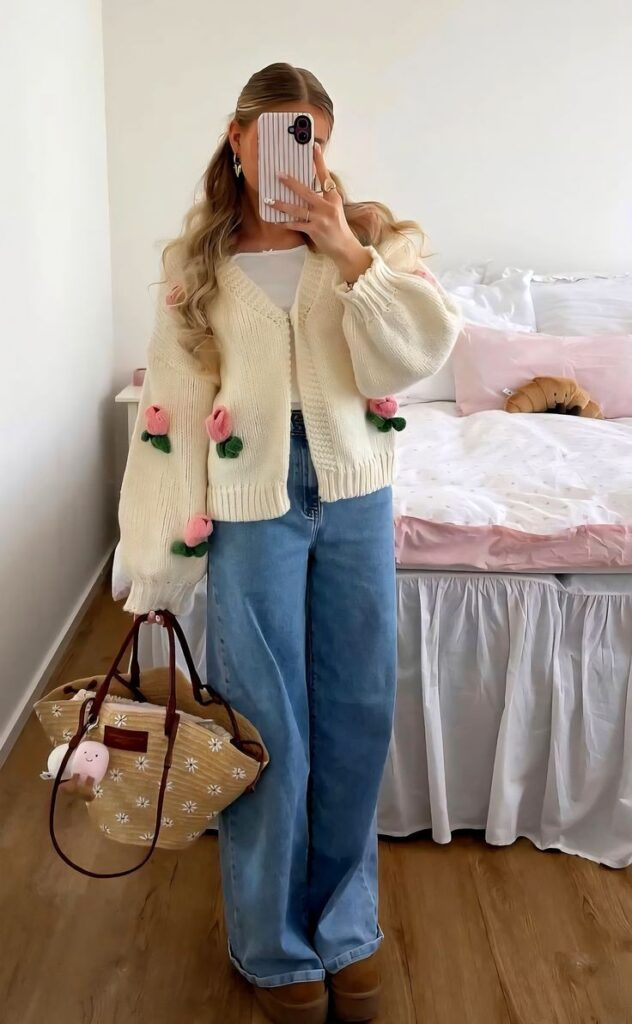 Whimsical Cream Cardigan with Floral Details