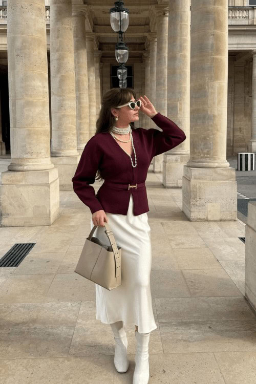 Burgundy Blazer with Creamy Midi Skirt