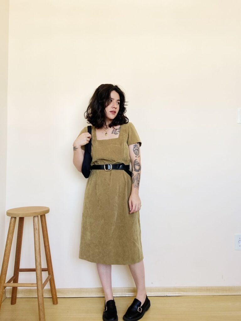 Belted Dress with Black Leather Jacket