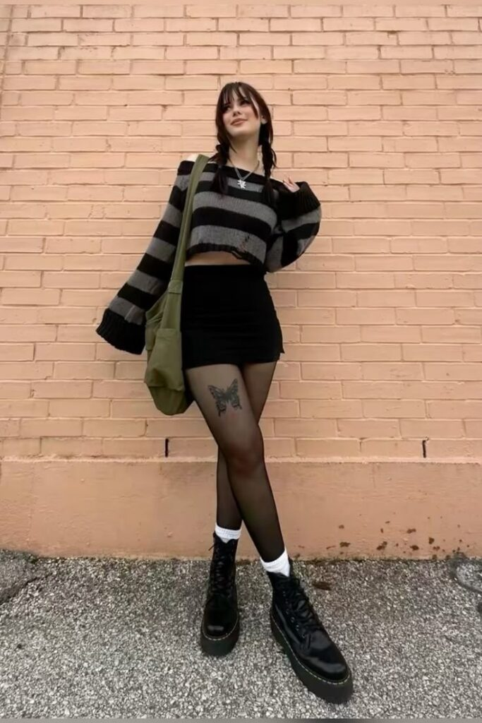 Striped Crop Top With Black Mini Skirt