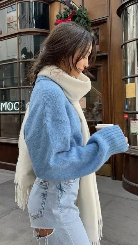 
Cropped Blue Sweater with Cream Scarf