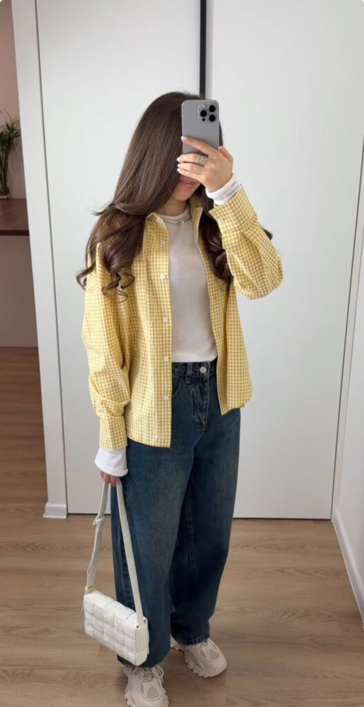 Yellow Gingham Shirt with Dark Denim