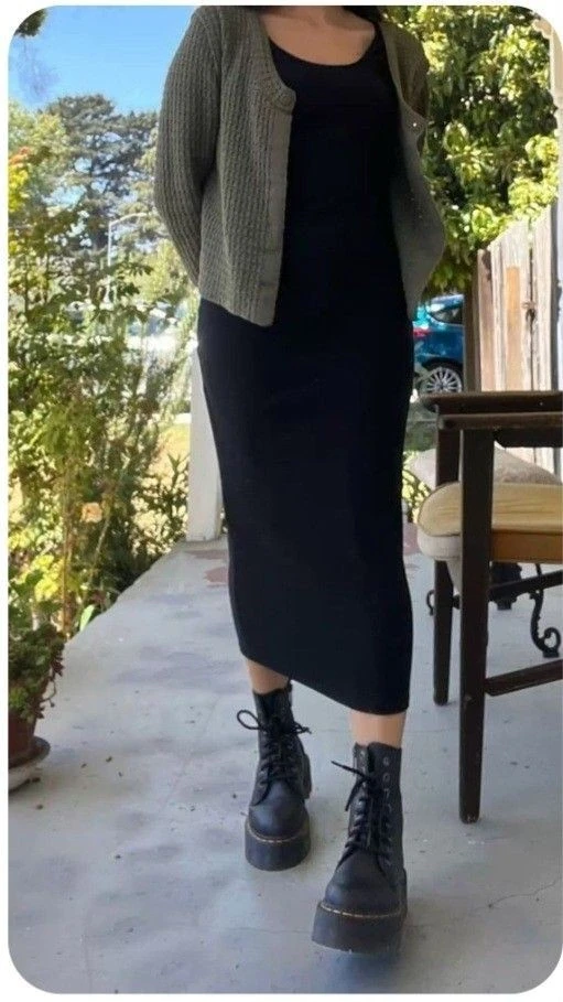 Black Midi Dress with Sage Cardigan
