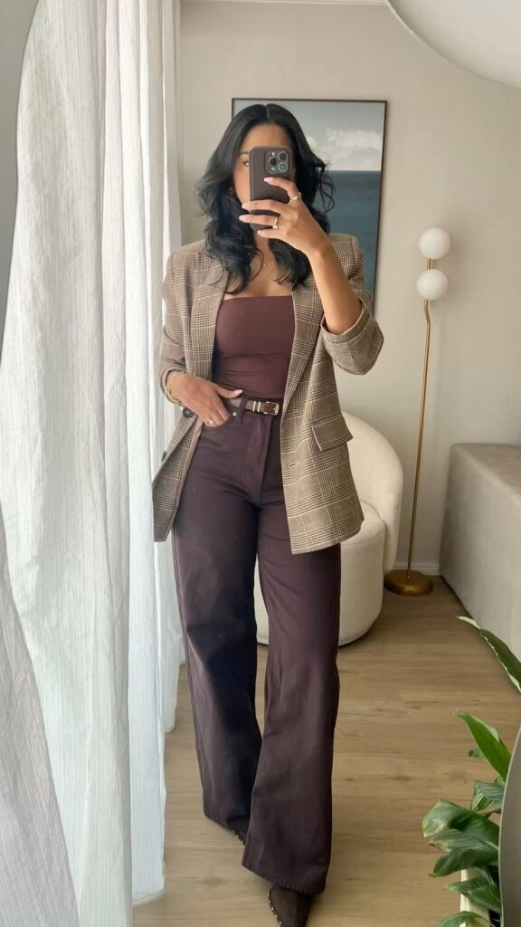 Plaid Blazer with Chocolate Monochrome Ensemble
