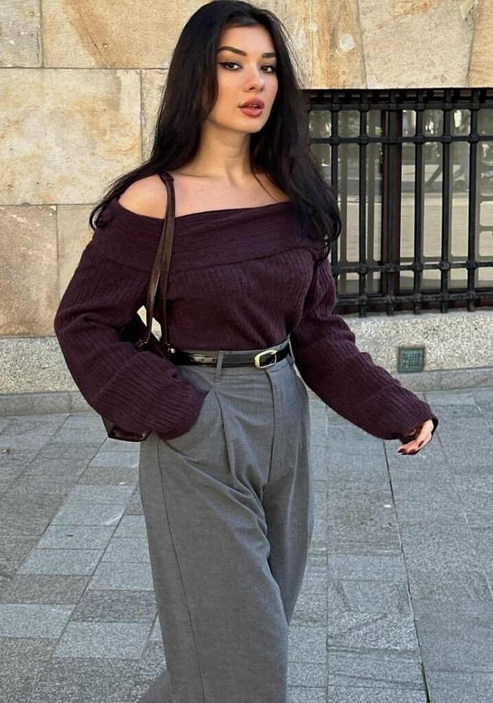 Burgundy Off-Shoulder with Tailored Trousers