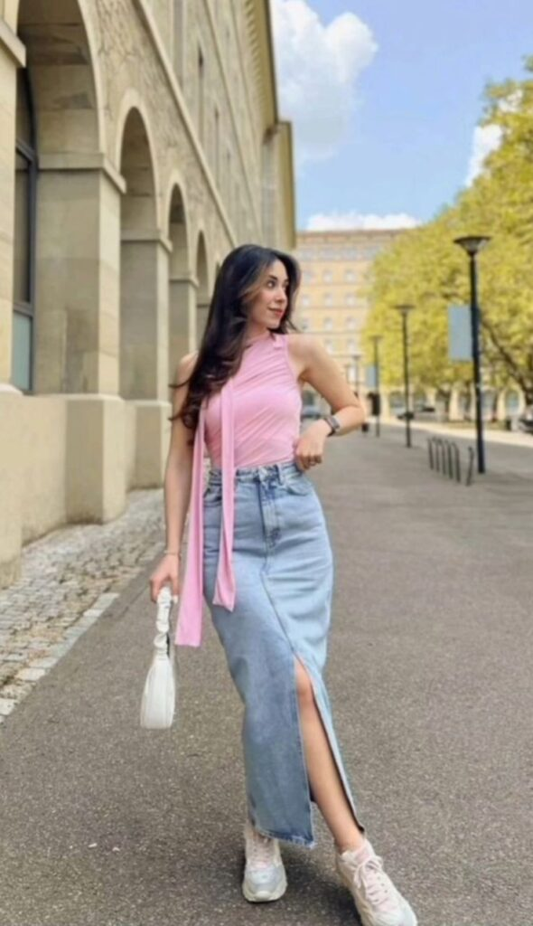 Pink Top with Denim Midi Skirt
