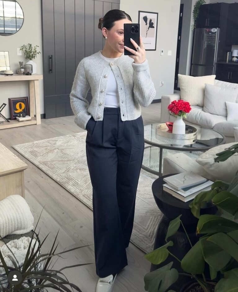 Cream Cardigan with Navy Wide-Leg Trousers