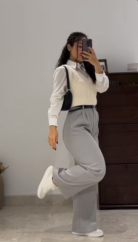 Cream Vest Over Crisp White Shirt