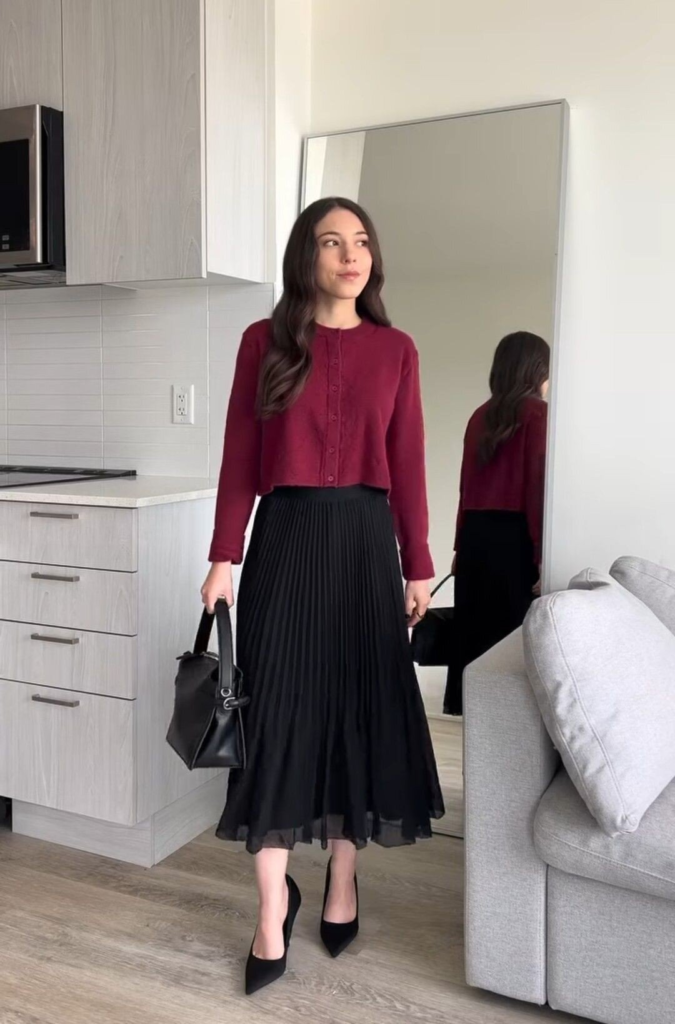 Pleated Black Skirt with Burgundy Top