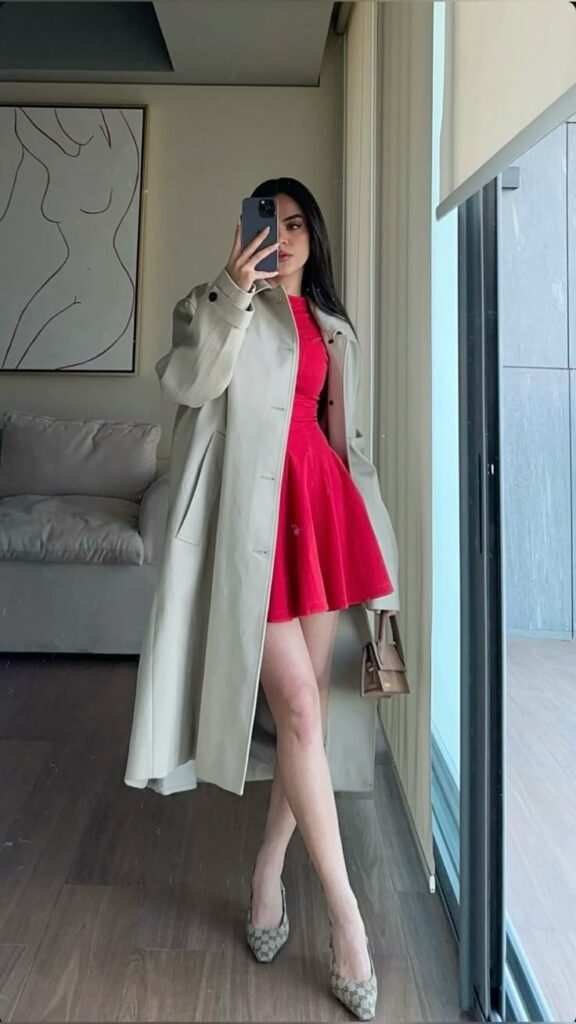 Elegant Red Dress with Cream Coat
