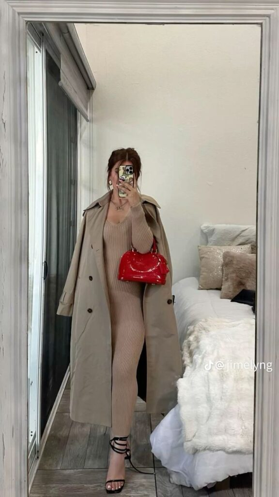 Beige Trench with Red Patent Bag