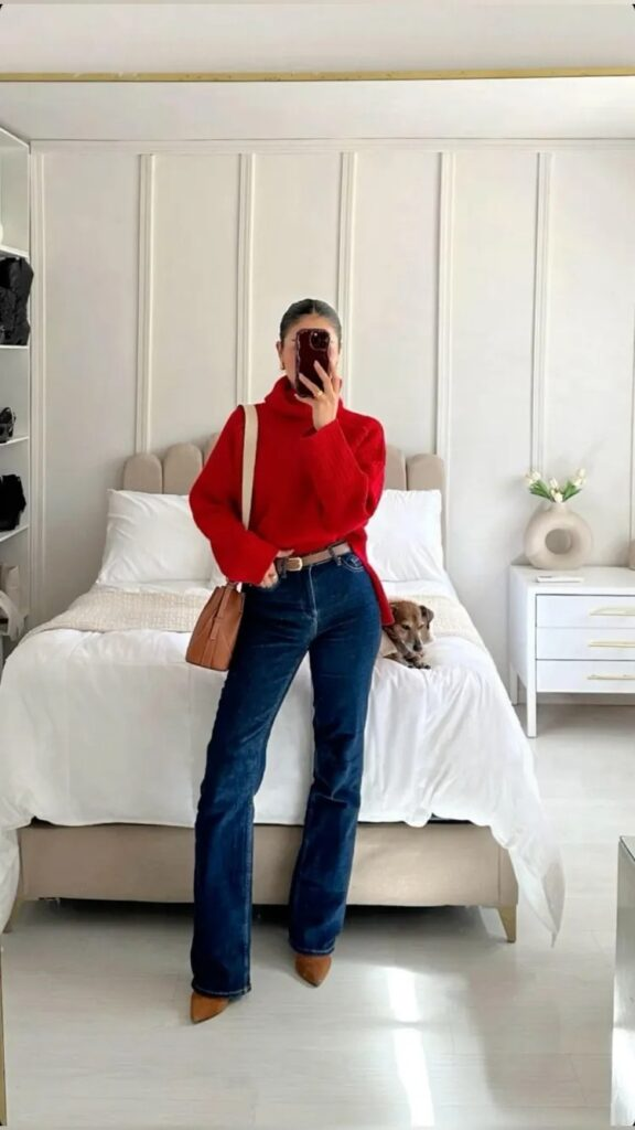 Bold Red Sweater with Classic Denim
